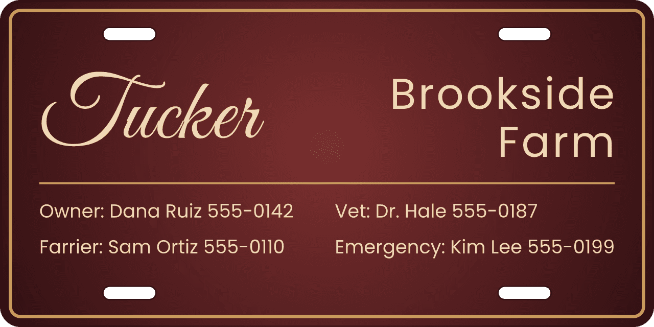 Burgundy Glow stall sign, owner, vet and farrier