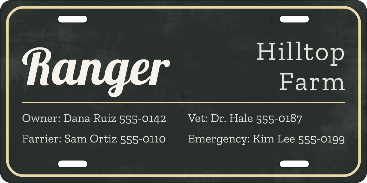 Chalkboard stall sign, owner, vet and farrier