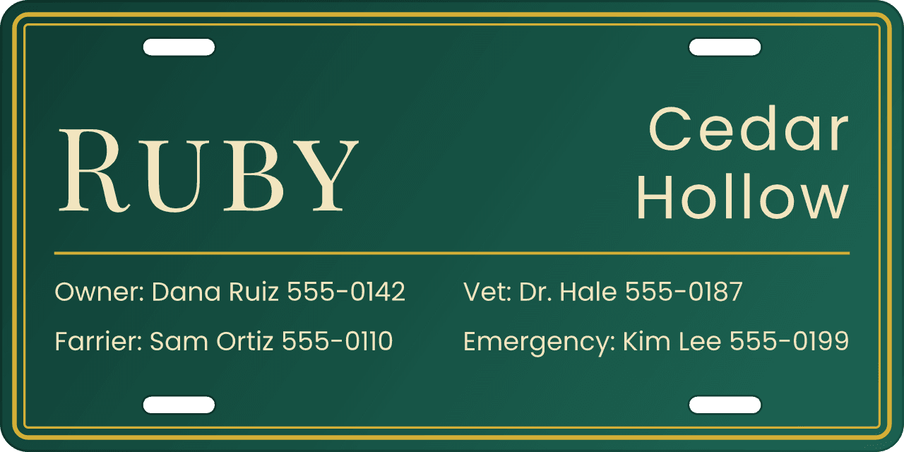 Emerald & Gold stall sign, owner, vet and farrier