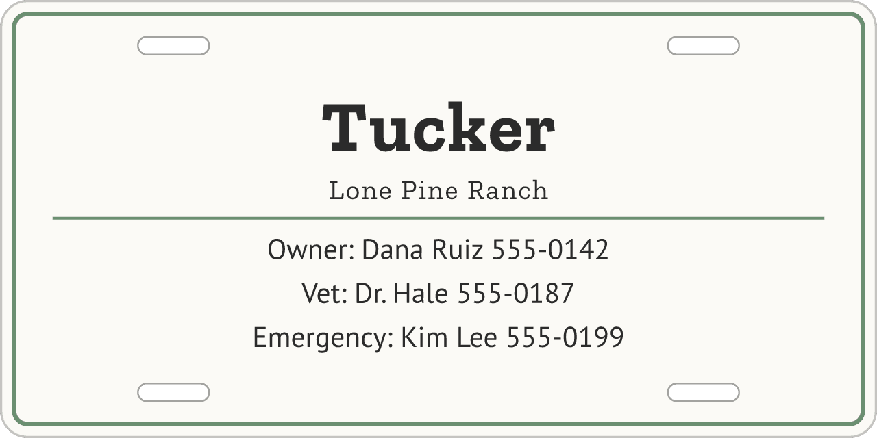 Info card, one column: a stall sign reading Tucker, Lone Pine Ranch