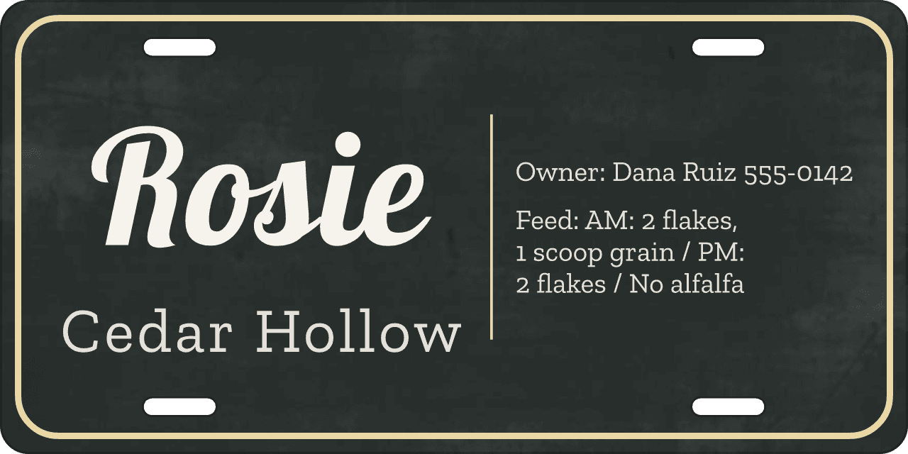 Feeding notes: a stall sign reading Rosie, Cedar Hollow