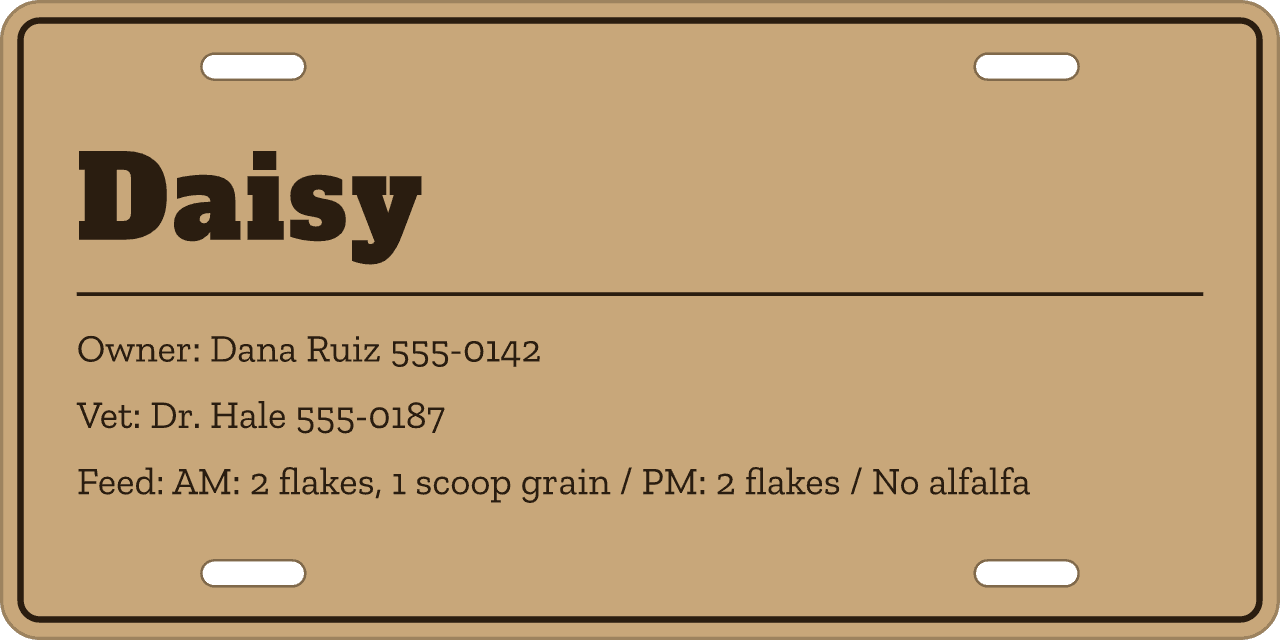 Contacts and feeding on one card: a stall sign reading Daisy