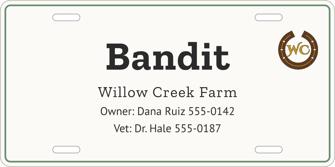 Logo in a corner: a stall sign reading Bandit, Willow Creek Farm