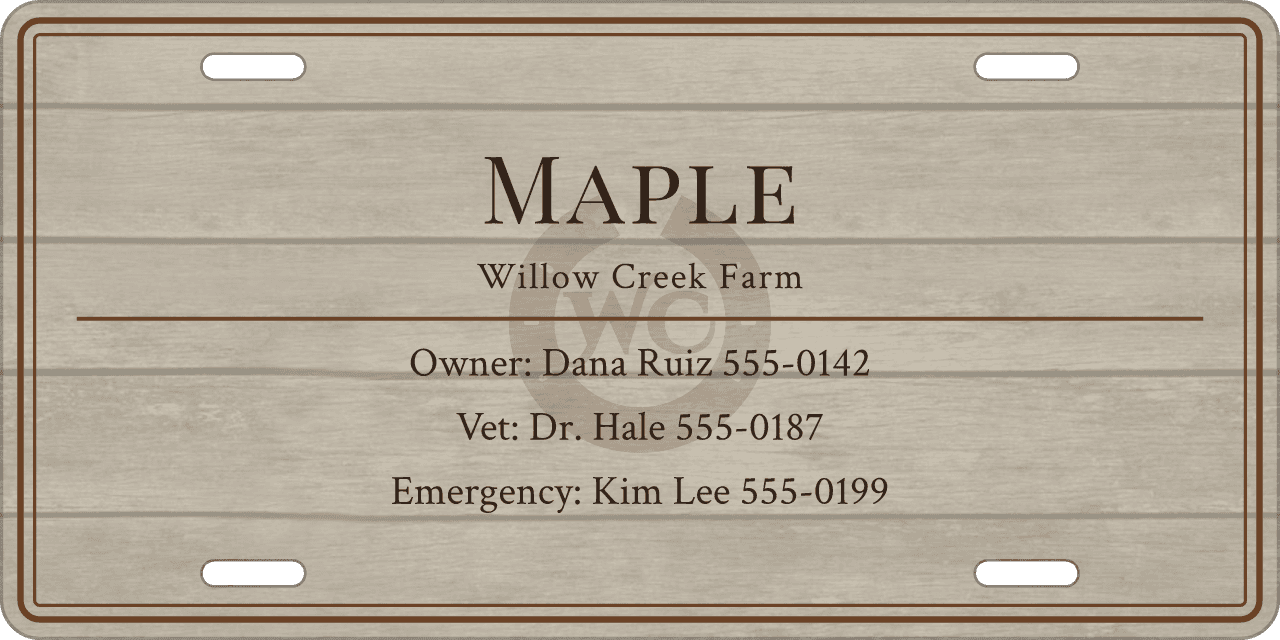 Watermark on an info card: a stall sign reading Maple, Willow Creek Farm