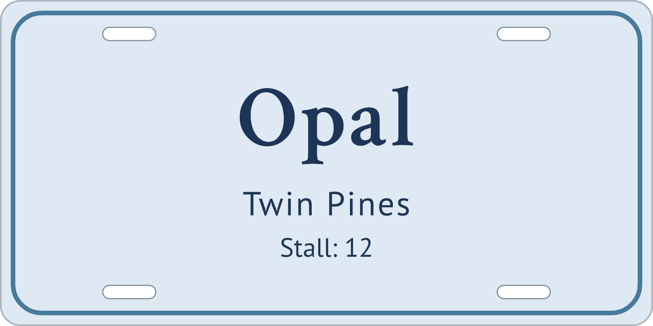 Centered: a stall sign reading Opal, Twin Pines