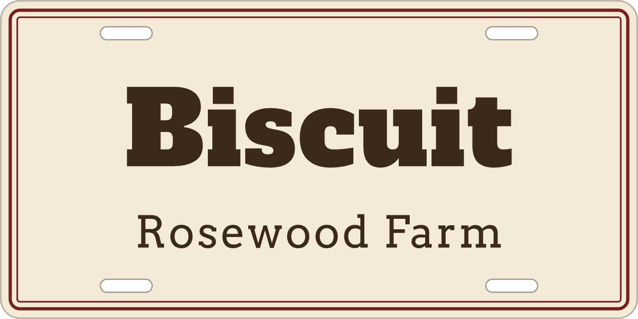Barnwood: a stall sign reading Biscuit, Rosewood Farm
