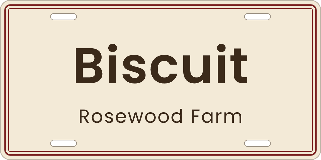 Modern: a stall sign reading Biscuit, Rosewood Farm