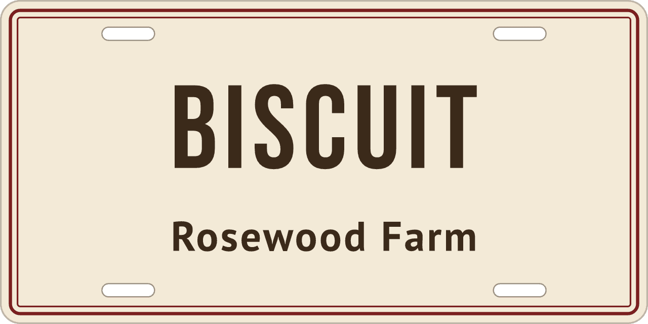 Show Ring: a stall sign reading Biscuit, Rosewood Farm
