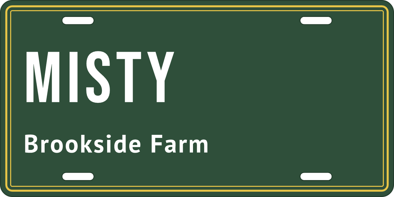 Left aligned, ornament beside: a stall sign reading Misty, Brookside Farm