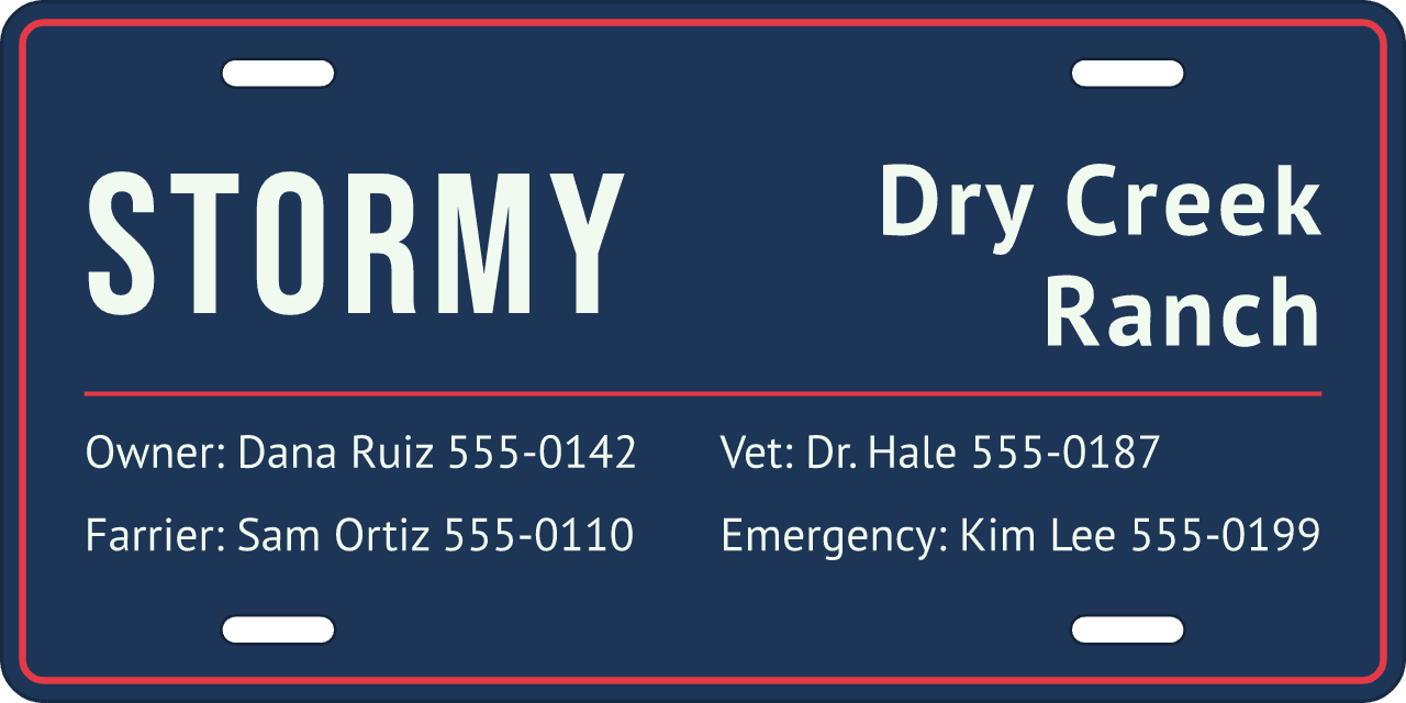 Navy Show stall sign, owner, vet and farrier