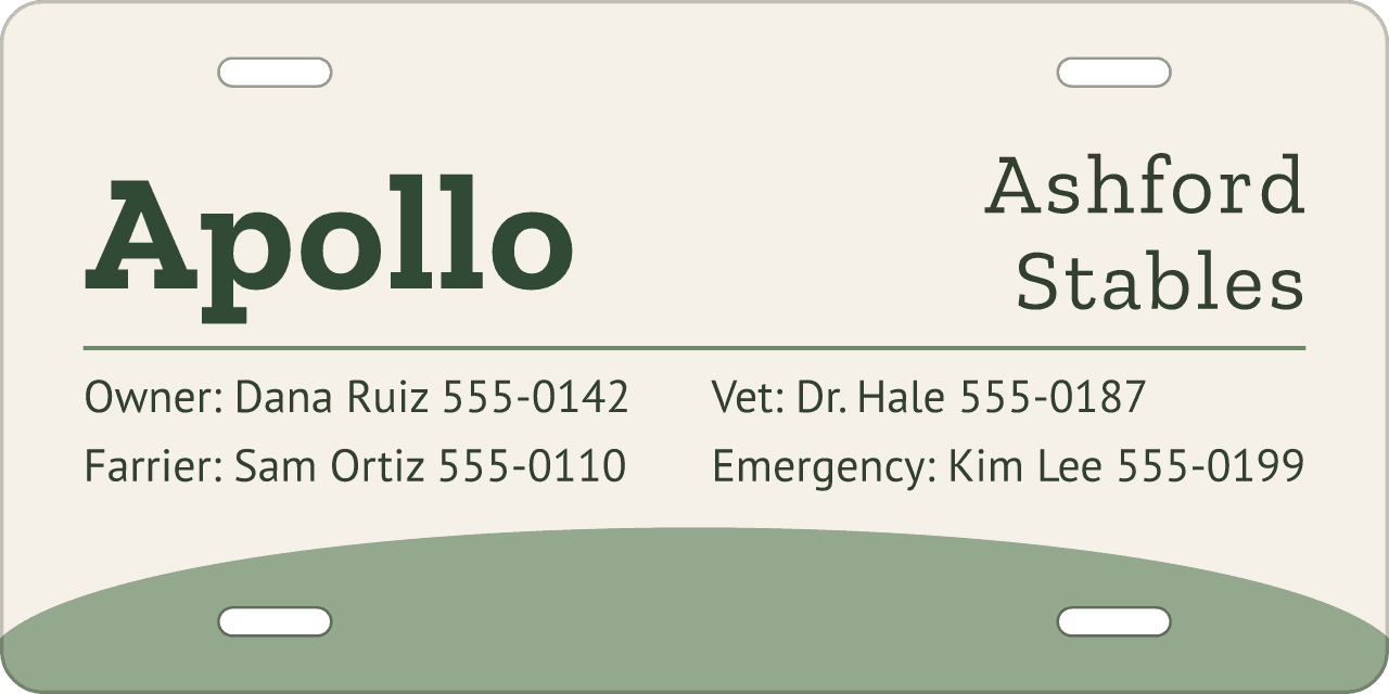 Sage Meadow stall sign, owner, vet and farrier