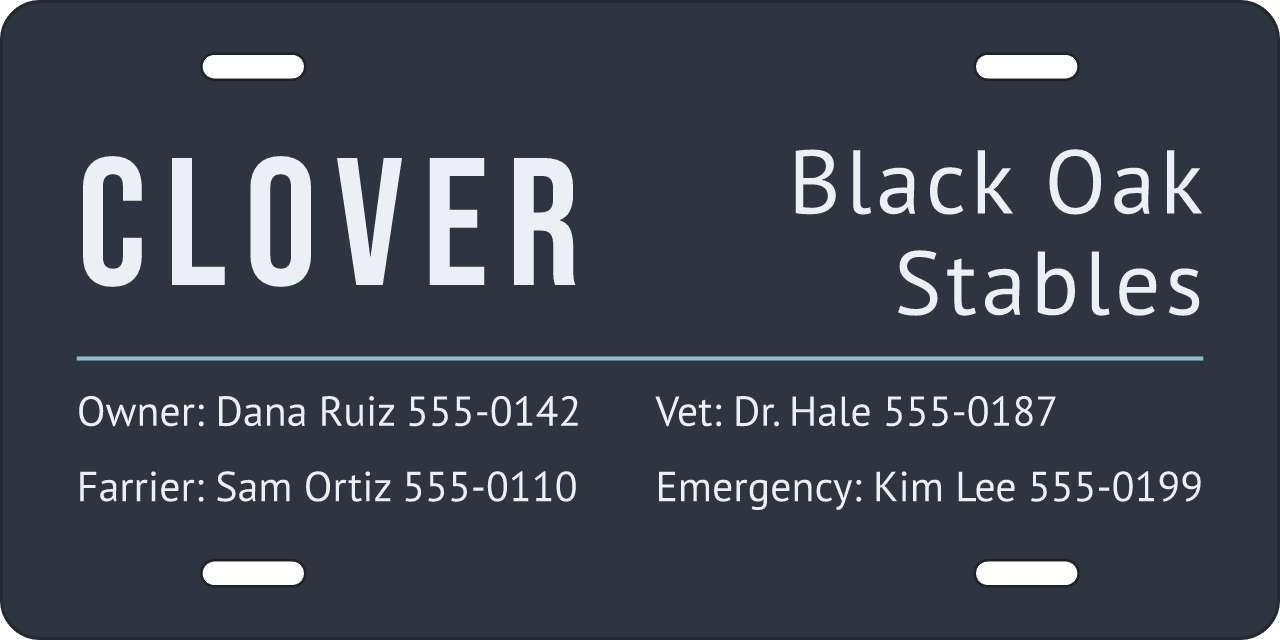 Slate stall sign, owner, vet and farrier