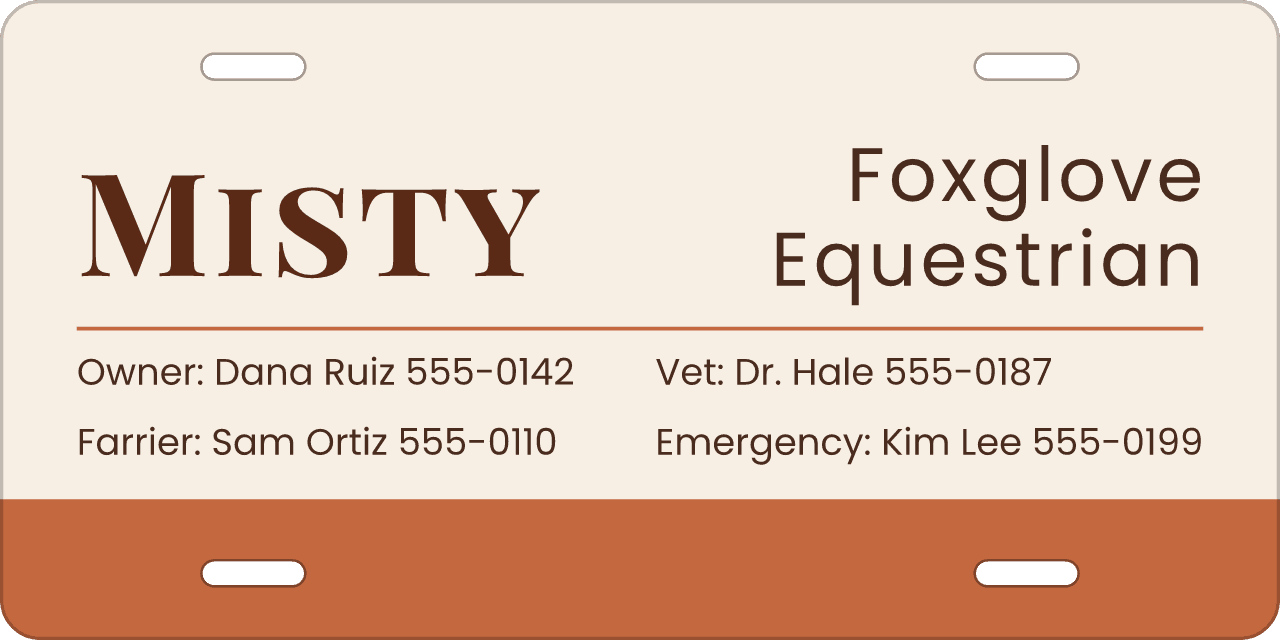 Terracotta Band stall sign, owner, vet and farrier