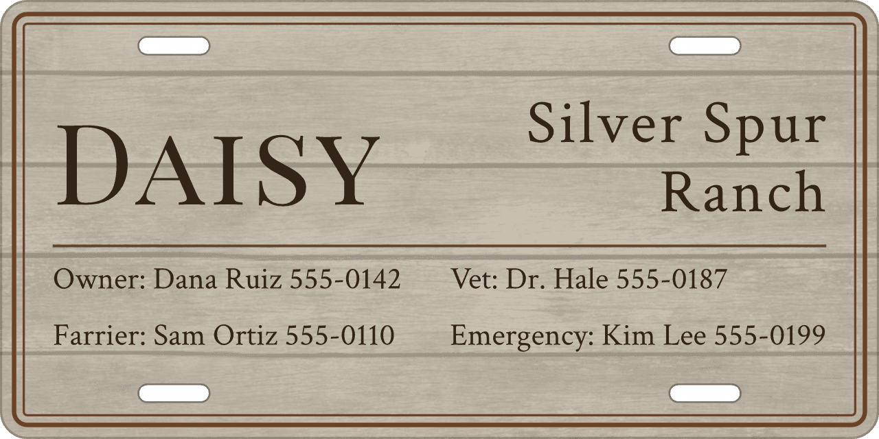Whitewashed Barnwood stall sign, owner, vet and farrier