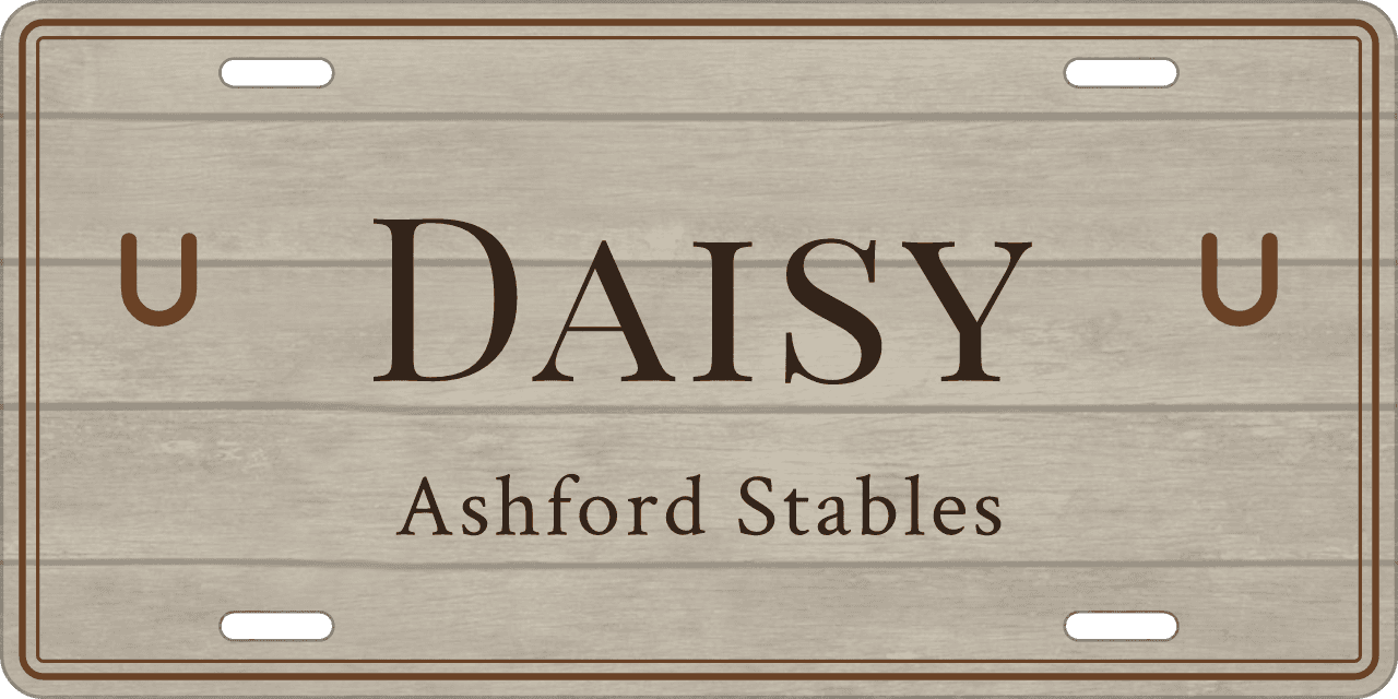 Whitewashed Barnwood stall sign, name between ornaments