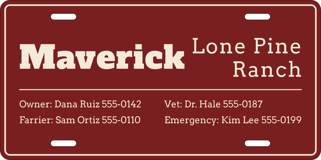 Barnwood Red stall sign, owner, vet and farrier