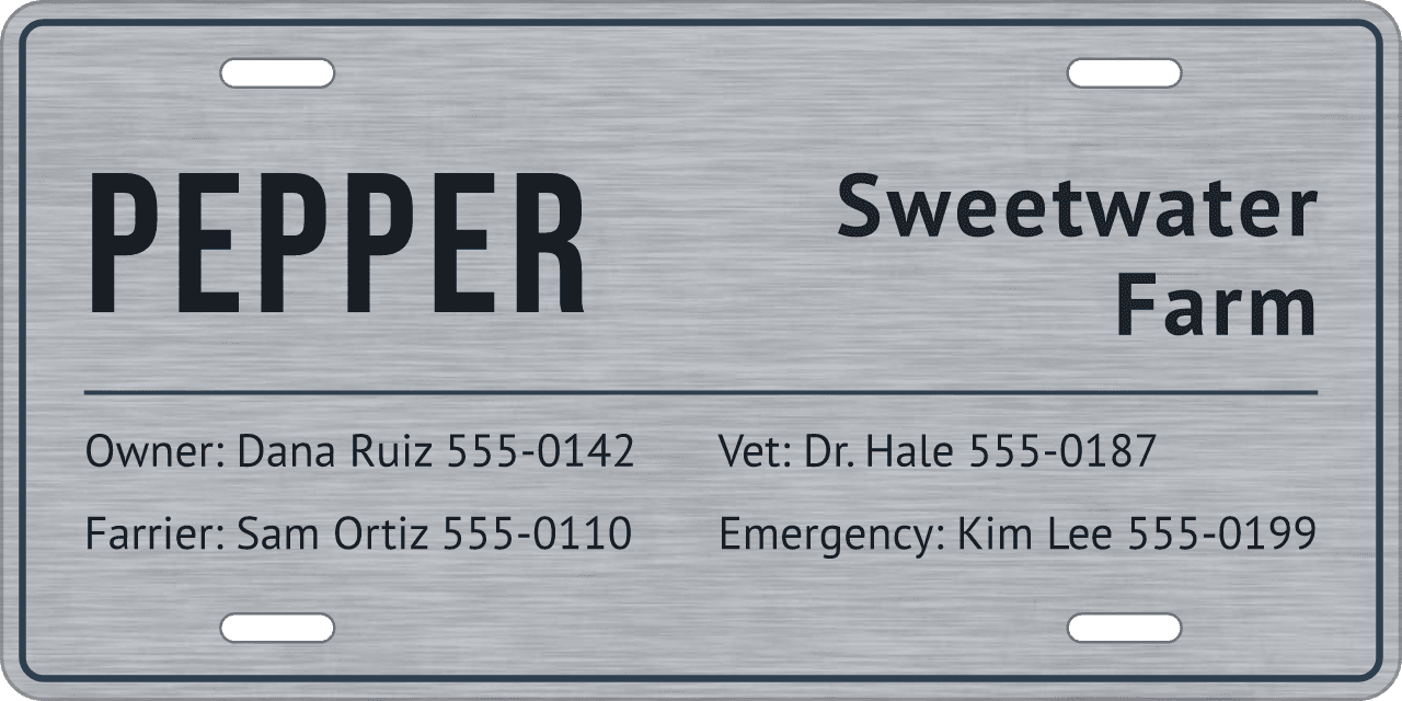 Brushed Steel stall sign, owner, vet and farrier