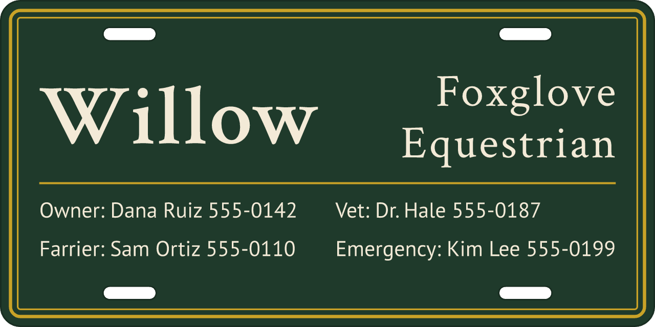 Classic Green stall sign, owner, vet and farrier