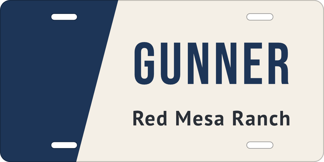 An angled panel: a stall sign reading Gunner, Red Mesa Ranch