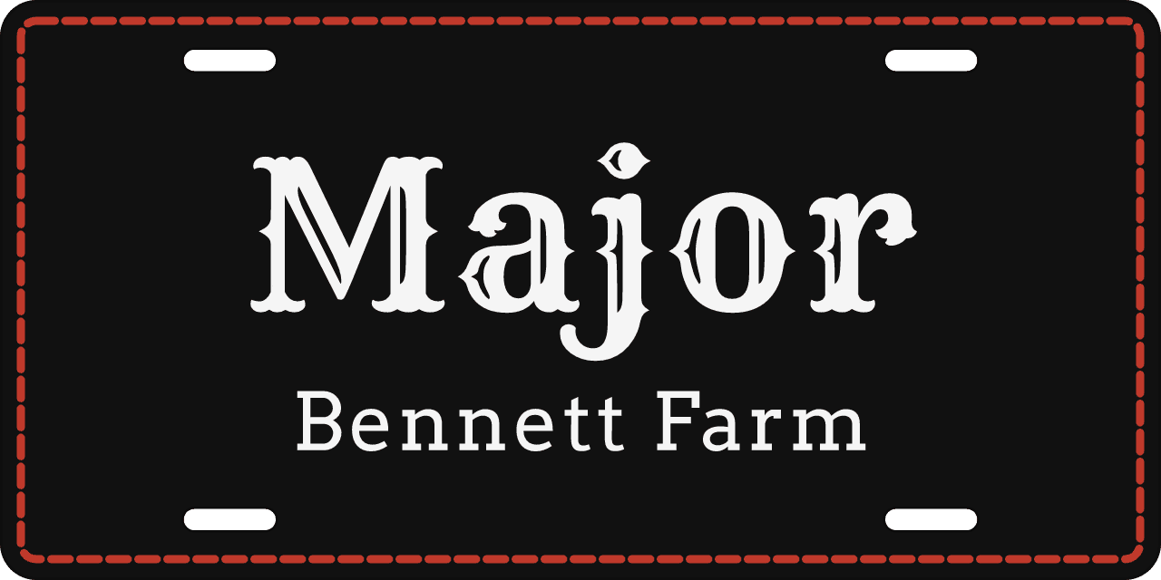 Ranch black: a stall sign reading Major, Bennett Farm