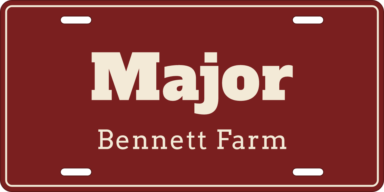 Barn red: a stall sign reading Major, Bennett Farm