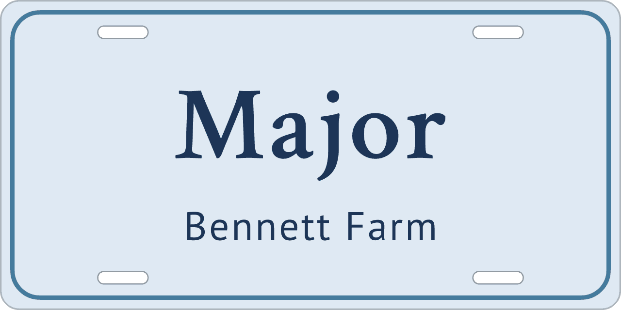 Pale sky blue: a stall sign reading Major, Bennett Farm
