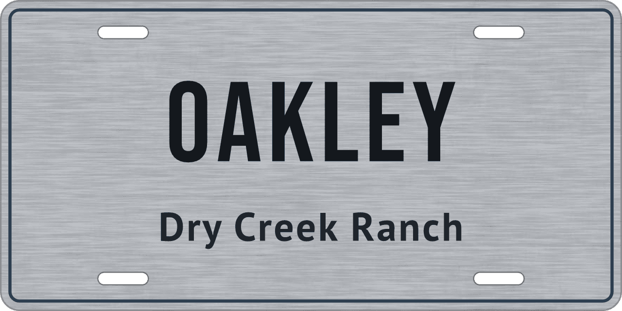 Brushed steel: a stall sign reading Oakley, Dry Creek Ranch