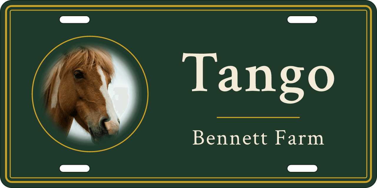 Zoomed in on the face: a stall sign reading Tango, Bennett Farm