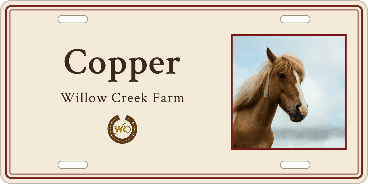 Framed photo with a logo: a stall sign reading Copper, Willow Creek Farm