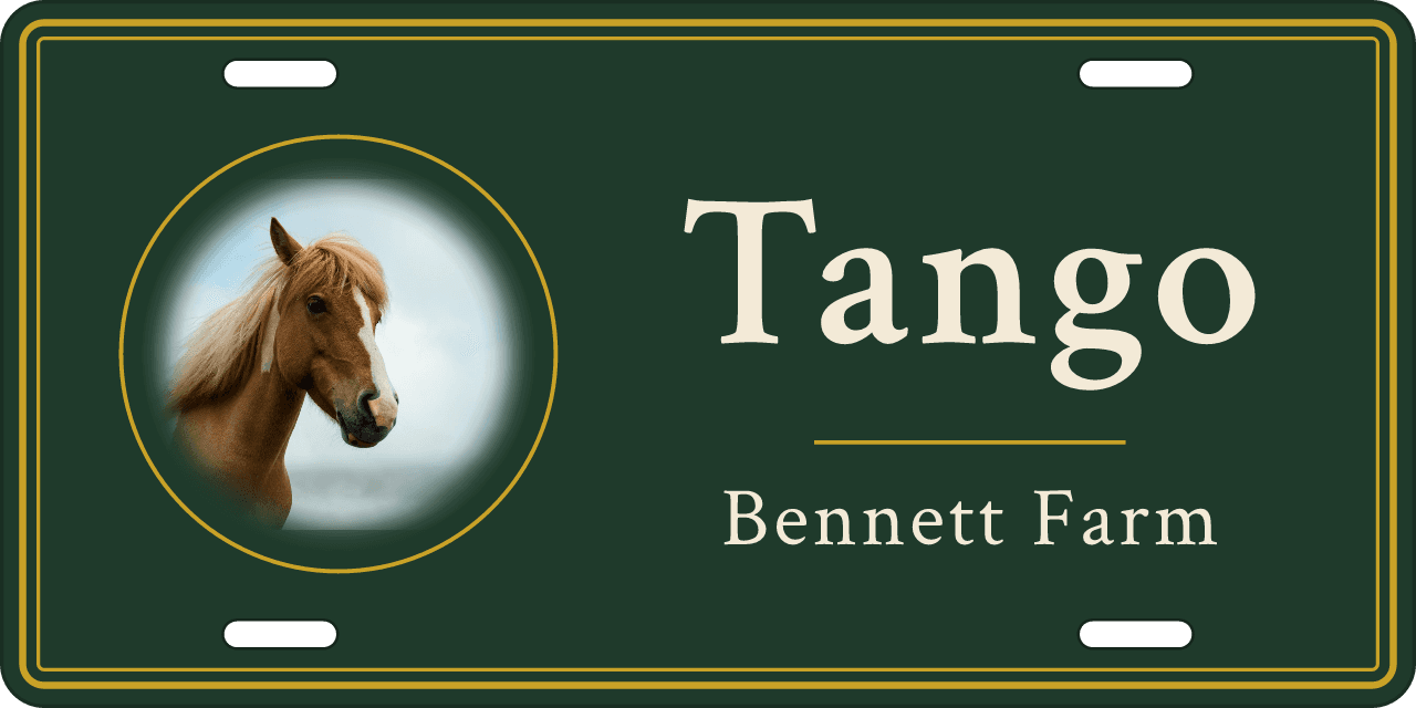 The whole photo: a stall sign reading Tango, Bennett Farm