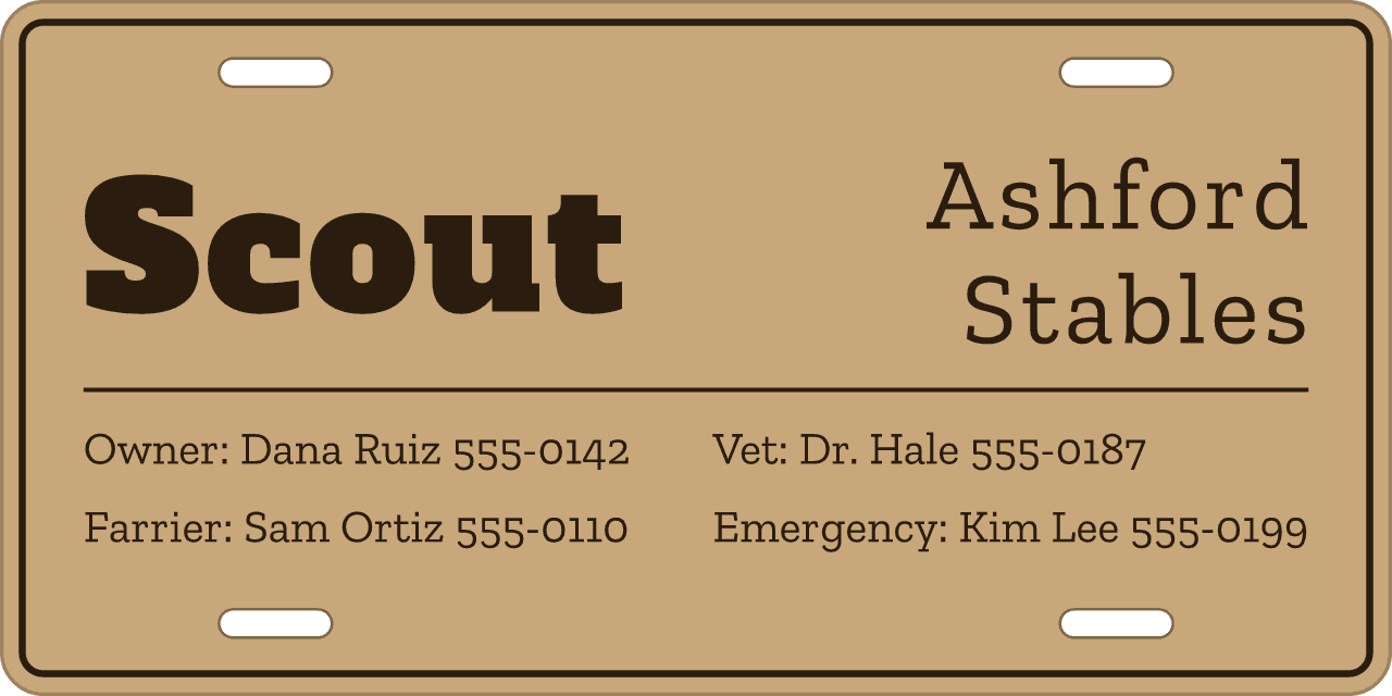 Kraft stall sign, owner, vet and farrier