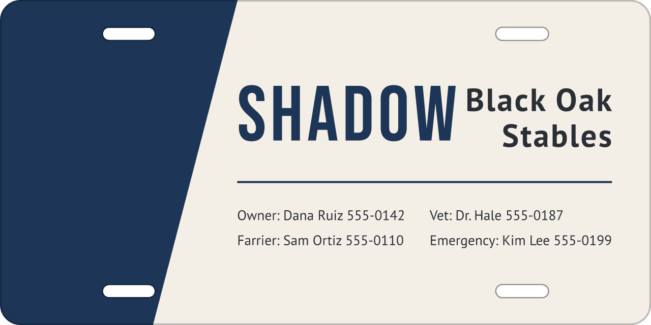 Navy Angle stall sign, owner, vet and farrier