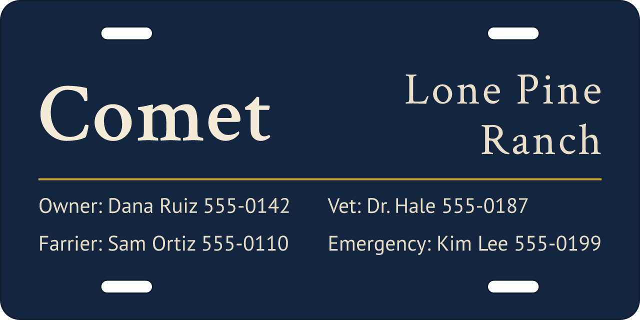 Navy Fade stall sign, owner, vet and farrier