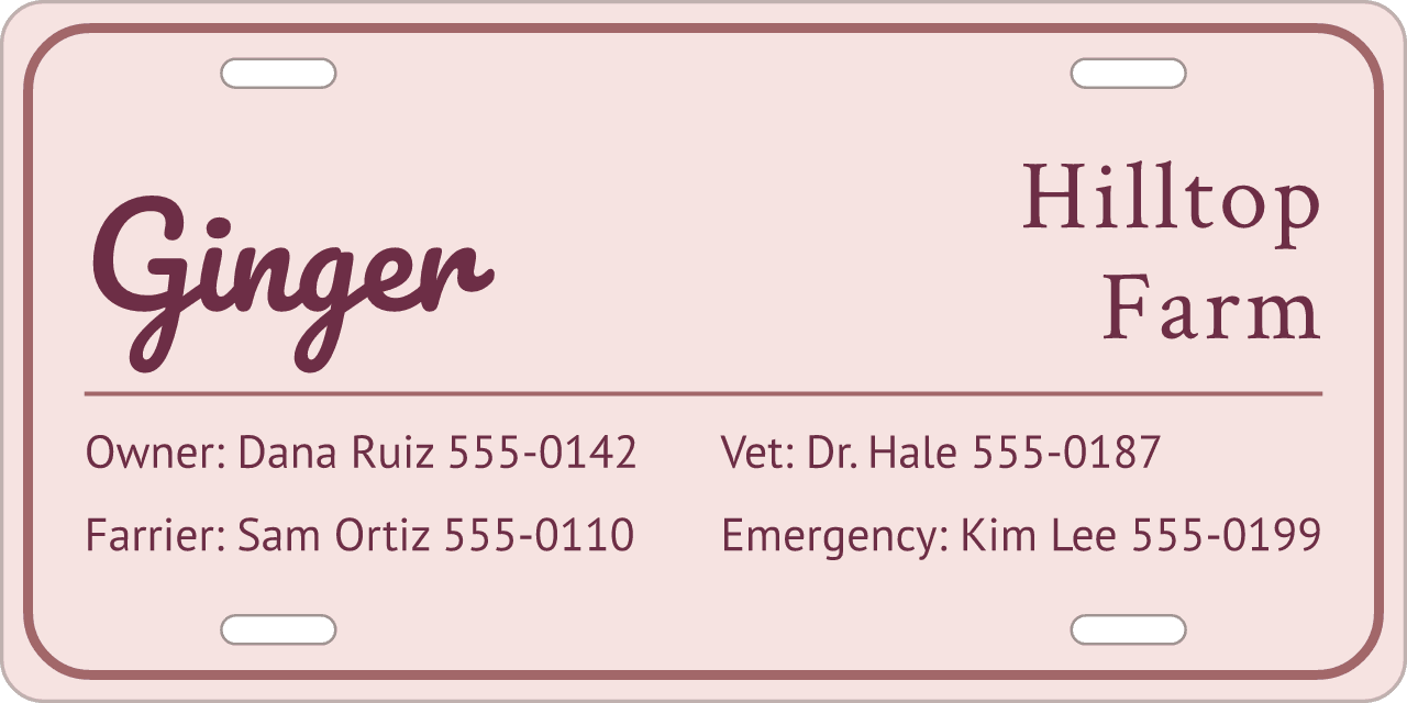 Rose stall sign, owner, vet and farrier