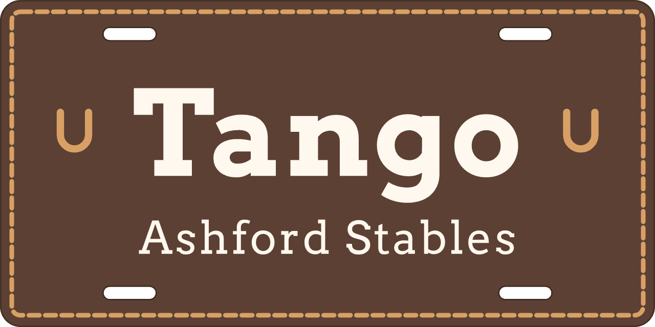 Saddle Leather stall sign, name between ornaments