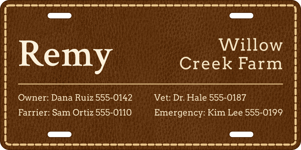 Stitched Leather stall sign, owner, vet and farrier