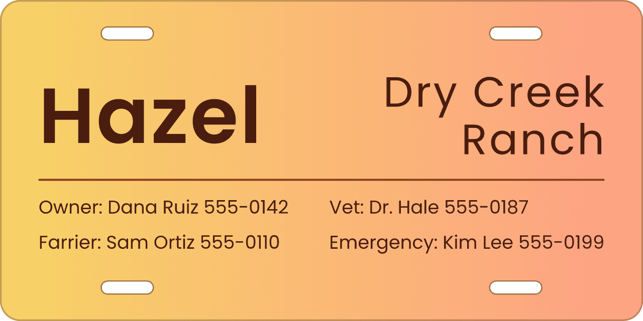Sunset stall sign, owner, vet and farrier